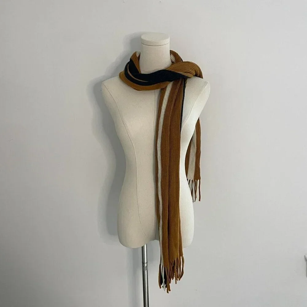 Striped Knit Fringe Scarf  | Mustard, Black & Cream